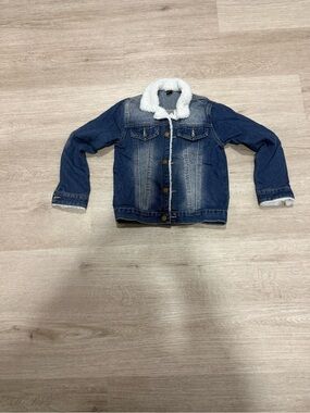SHEIN Kids Dark Blue Denim Jacket with White Sherpa Trim